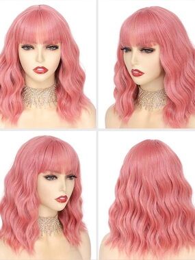 Pink 14 inch Synthetic Wavy Bob with Bangs Wig